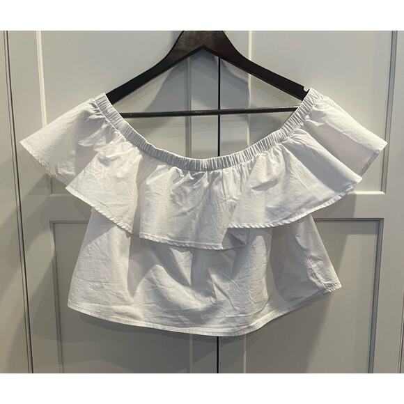 Forever 21 Off-the-shoulder ruffled crop top Sz. L white NWOT - Picture 4 of 7